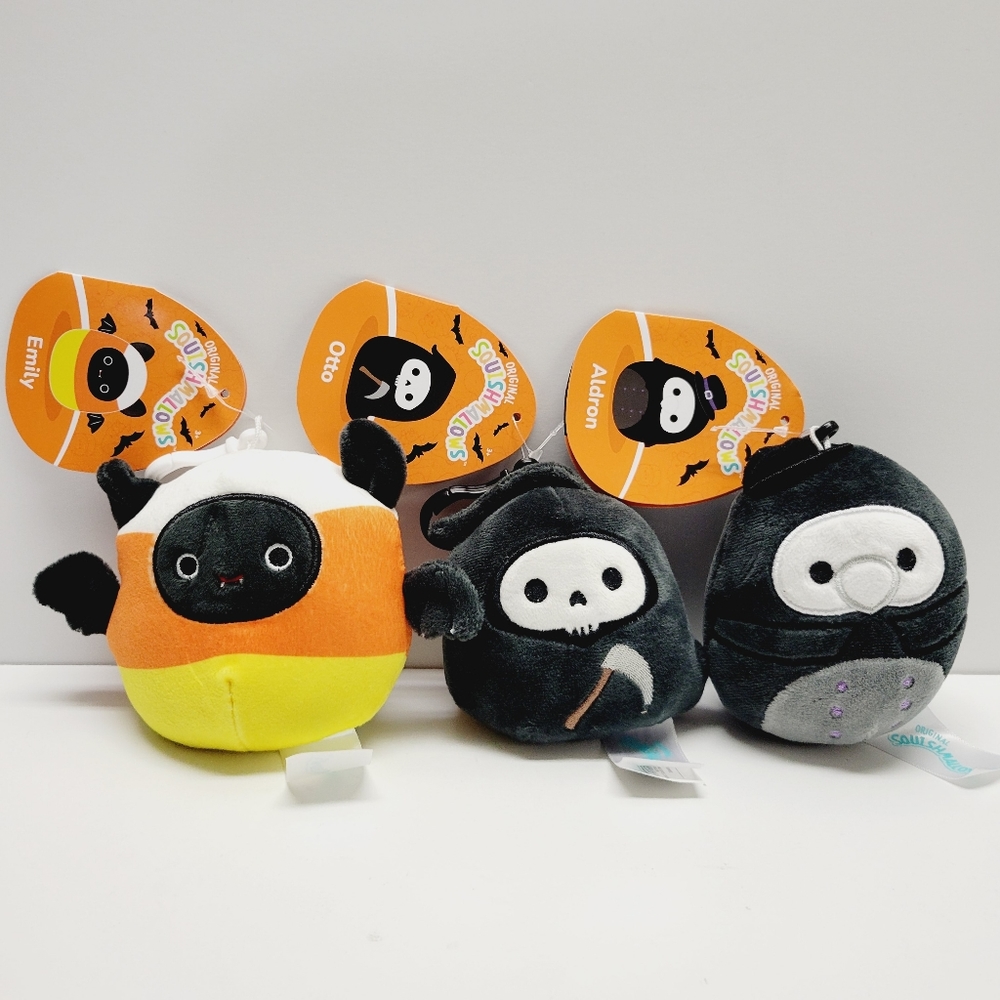 Squishmallow Halloween lot 3.5" Otto Grim Reaper Aldron & Emily key chain